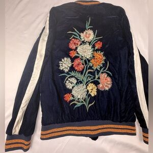Zara Navy Soft Velvet Zipper Jacket with Embroidered Floral